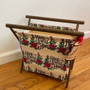 Vintage NWT Sewing Sack Wood And Fabric With Rose Design And “Home Sweet Home”